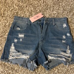 High-Rise Frayed Distressed Jean Shorts - Blue